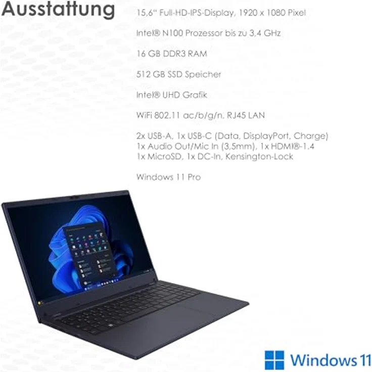 VALE V15A-N100A-16512D Notebook | 15,6" Full-HD IPS | Intel® N100 Prozessor | 16 GB RAM | 512 GB SSD | Windows 11 Pro, leicht und dünn, silber – Bild 2