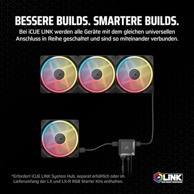 CORSAIR iCUE LINK LX140-R RGB 140mm PWM-Umkehrlüfter – Schwarz, Geräuscharm, Magnetische Kuppellagerung, Zwei Lichtschleifen, QuikTurn™-Schrauben, Null-Drehzahl-Modus – Bild 5