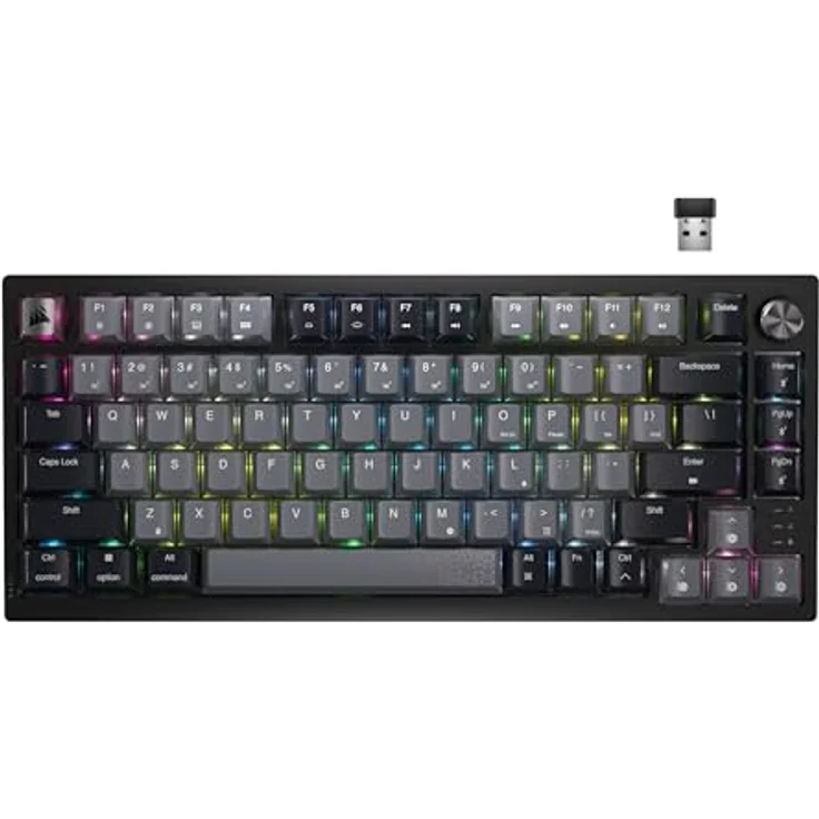 Corsair K65 Plus Wireless 75% RGB Mechanische Gaming-Tastatur – Vorgeschmierte MLX Red Linear Switches – PBT-Sublimation-Keycap – iCUE Kompatibel – PC, PS5, PS4, Xbox – QWERTY NA – Schwarz/Grau – Bild 1
