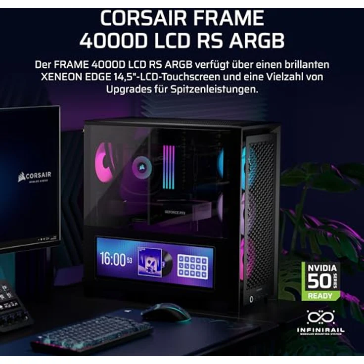 CORSAIR Frame 4000D LCD RS ARGB Mid-Tower ATX PC-Gehäuse mit 14,5-Zoll XENEON Edge LCD-Touchscreen, InfiniRail Lüftermontagesystem und 4x RS120 ARGB-PWM-Lüftern – Schwarz – Bild 2