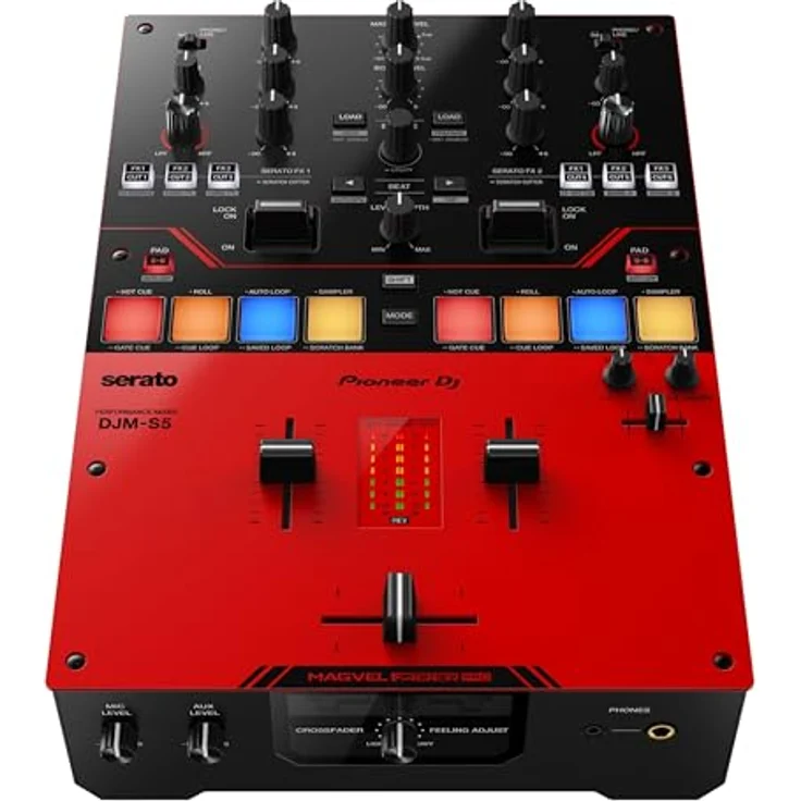 Pioneer DJ DJM-S5 Battlemixer, 2-Kanal Mischpult mit MAGVEL FADER PRO, Effekten und integriertem Audio-Interface, Schwarz, Rot – Bild 3