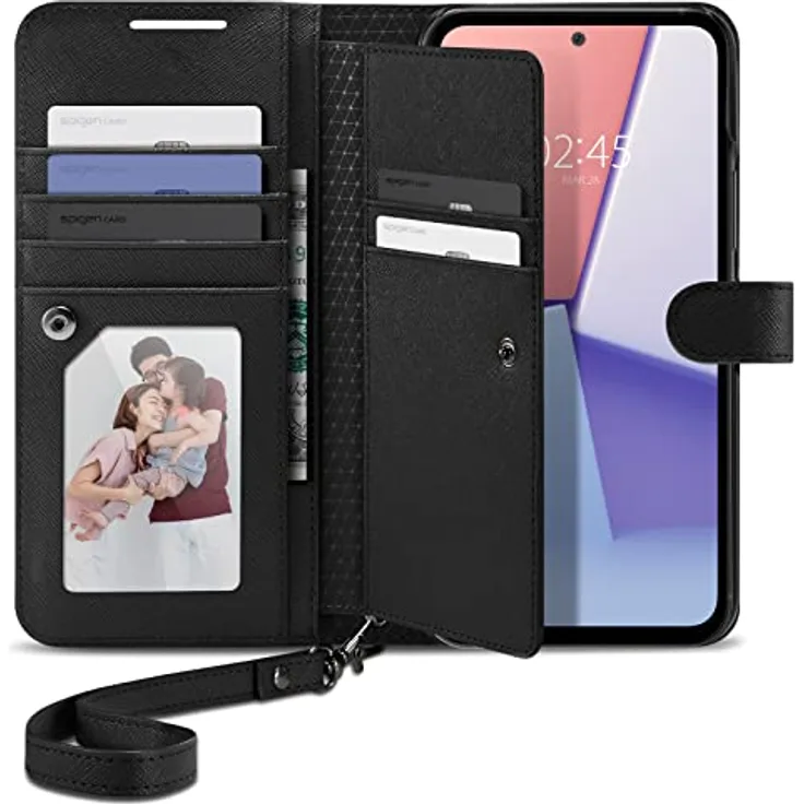 Spigen Wallet S Plus Hülle Kompatibel mit Samsung Galaxy A54 5G Leder Klapphülle Kartenfach für 9 Karten Stoßfest Schutzhülle - Schwarz