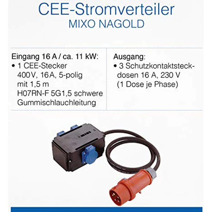 as - Schwabe MIXO Adapter - Stromverteiler NAGOLD – E-Stecker mit 1,5 m Gummischlauchleitung auf 3 Schuko Steckdosen – Robuster Baustellen Starkstrom-Verteiler – IP44 – Made in Germany I 60527 – Bild 4