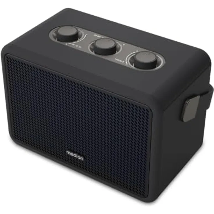 MEDION BXO-1 Bluetooth Lautsprecher, kraftvoller Sound im Retro-Design, 15 Stunden Akkulaufzeit, Bluetooth 5.3, IPX4, USB-C, schwarz