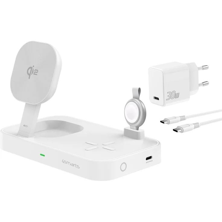 4smarts Wireless Charger Qi2 (15 W), kabellose Ladestation für Smartphones, Headsets und Apple Watch, Weiss – Bild 1