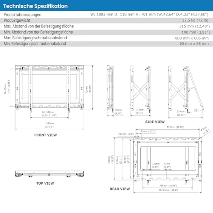 EDBAK VWPOP95-L Pop-Out Wandhalterung für 70-98" Bildschirme, Tragfähigkeit 130 kg, Schwarz – Bild 3