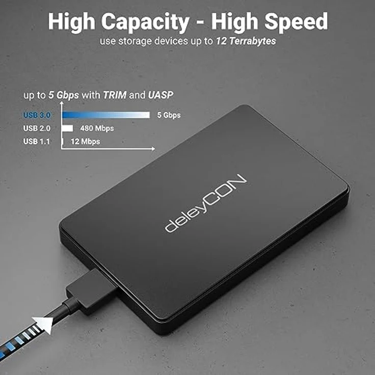 deleyCON USB-C Festplattengehäuse 2,5 Zoll - USB 3.1 Gen 1 Externes Festplatten Gehäuse für 2,5" (6,35 cm) SATA HDD Festplatte / SSD 7 mm & 9 mm - Werkzeugfreie Montage - Schwarz – Bild 2