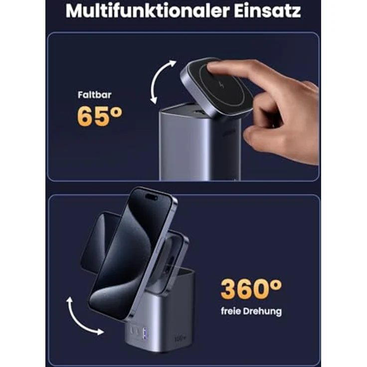 UGREEN USB-C Ladegerät 100W, Nexode Qi2 Ladegerät 15W GaN Wireless Charger 4-in-1 Ladestation mit induktivem Ladeständer, kompatibel mit MacBook Pro/Air, iPhone 12-16 Serien – Bild 5