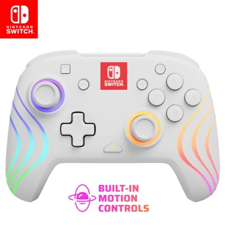 PDP Afterglow Wave White Wireless Switch Controller, RGB LED, bis zu 20 Stunden Akkulaufzeit, programmierbare Tasten, offiziell lizenziert für Nintendo Switch, Farbe: Weiß – Bild 1