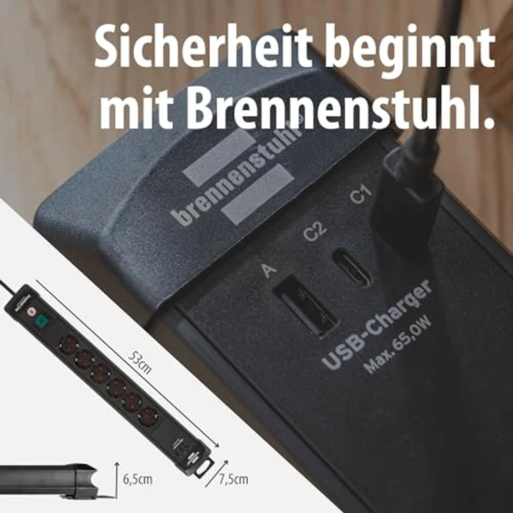 Brennenstuhl Premium-Line 1951160613 Steckdosenleiste Schwarz, 6-fach mit 3m Kabel, 3 USB-Ladebuchsen (2x USB C 65W, 1x USB A 18W), Schutzkontakt-Steckdosen, Sicherheitsschalter – Bild 11