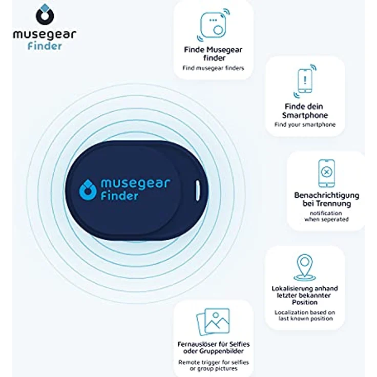 Musegear Schlüsselfinder Mini, Bluetooth Keyfinder 2er Pack in dunkelblau, laut für Handy, iOS & Android, bis zu 90m Reichweite, Datenschutz-fokussierte App, 24 Monate Garantie – Bild 3