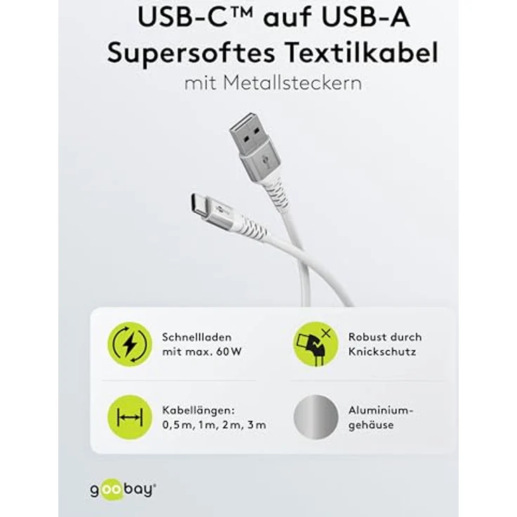 goobay USB-A auf USB-C Kabel 60W, 2m, flexibles Textilkabel mit 480 Mbit/s, weiß, kompatibel mit Samsung, Xiaomi, Google, Nothing Phone – Bild 2