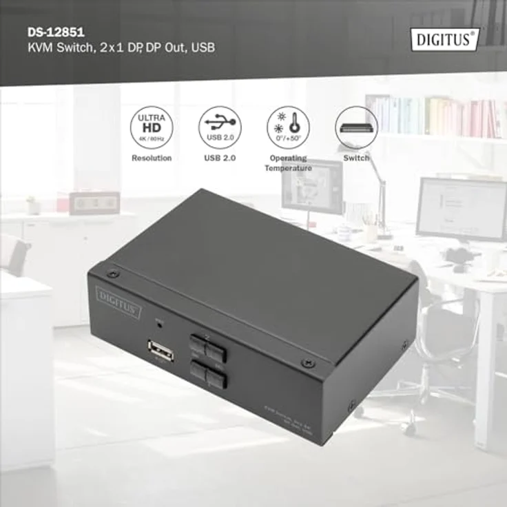 DIGITUS Displayport KVM-Switch – 2-Port Single-Display – 2 PC 1 Monitor – 1x Maus, Tastatur & Audio für 2 Computer – UHD 4K@60Hz (4096 x 2160p) – Hot-Key Umschalter – 1x USB 2.0 Hub – Schwarz – Bild 4