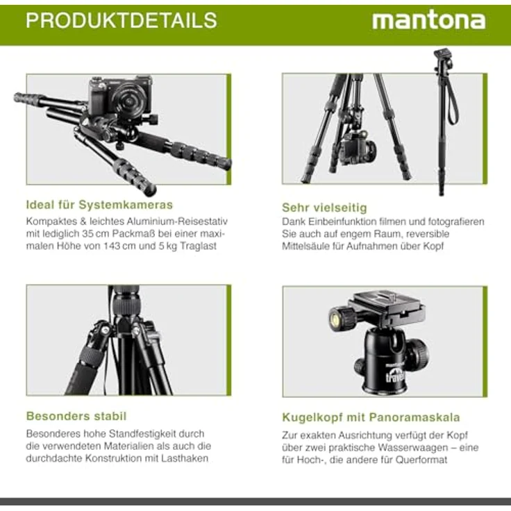 Mantona Reisestativ DSLM Travel mit Kugelkopf sw – Bild 4