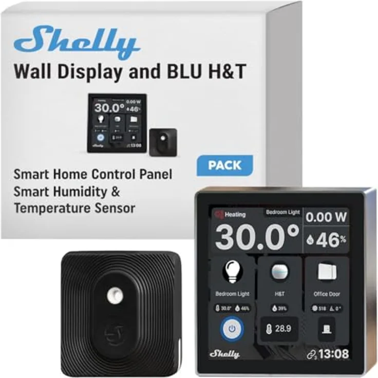 Shelly Wall Display Black + BLU H&T Black, 4-Zoll Smart Home Hub mit Temperatur- und Feuchtigkeitssensor, Schwarz