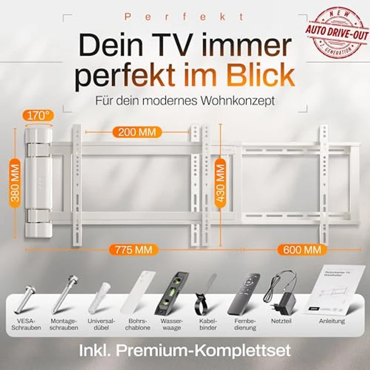 EasyLife Elektrische, Schwenkbare TV-Wandhalterung, Auto-Drive-Out, Ultraschlank 56mm, leiser Motor, Anti-Kollisionssystem, für 32–75 Zoll, VESA bis 600×400, 50 kg – Bild 2