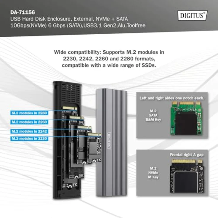 DIGITUS externes M.2-Gehäuse - USB 3.1 Gen2 Typ-C - bis zu 10 Gbit/s - Unterstützt SATA & NVMe-SSDs bis 8 TB - für 2230/2242/2260/2280 SSDs - Werkzeuglos - Aluminiumgehäuse - Grau – Bild 3