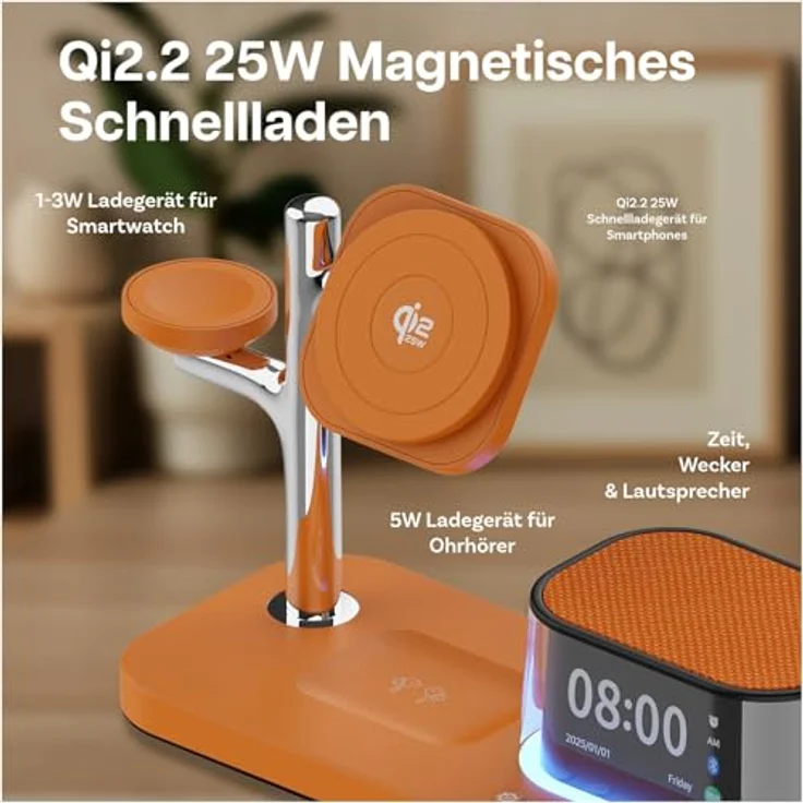 MMOBIEL Kabellose Ladestation 5-in-1 mit Wecker, Bluetooth-Lautsprecher & LED-Nachtlicht – 25W Qi2.2 Magnetisches Ladegerät für iPhone, Apple Watch & AirPods – Cosmic Orange – Bild 4