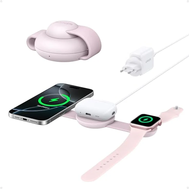 Anker MagGo 3-in-1 Kabellose Ladestation (mit EU/US/UK Stecker), MagSafe-Kompatibles Qi2-Zertifiziertes 15W Ladegerät, Faltbares Reise-Ladepad für iPhone 16/15, AirPods, Apple Watch (Keine Powerbank) – Bild 1