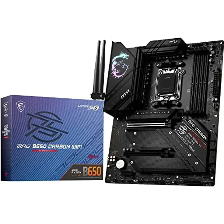 MSI MPG B650 Carbon WiFi Mainboard, ATX - Unterstützt AMD Ryzen 7000 Serie Prozessoren, AM5-16 Phasen 80A VRM, DDR5 Memory Boost 6600+MHz/OC, 2 x PCIe 4.0 x16, 1x M.2 Gen5, 3X M.2 Gen4, Wi-Fi 6E