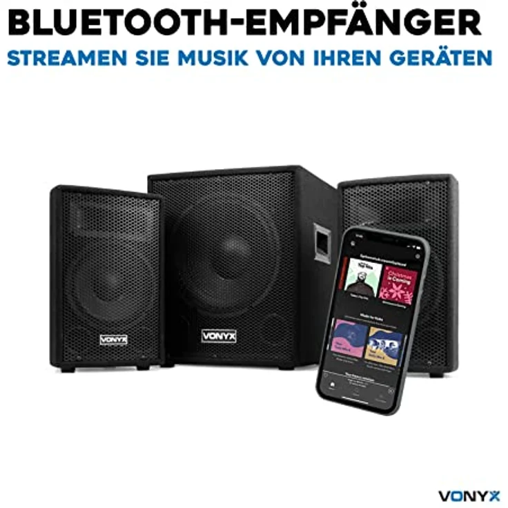 Vonyx VX0812BT, PA Anlage Komplettset mit aktivem Subwoofer, 2 passiven 8 Zoll Hochtönern, 800 Watt, Bluetooth, MP3 Player, USB, SD, Mikrofonanschluss, inkl. Boxenständer, mobiles DJ System – Bild 5
