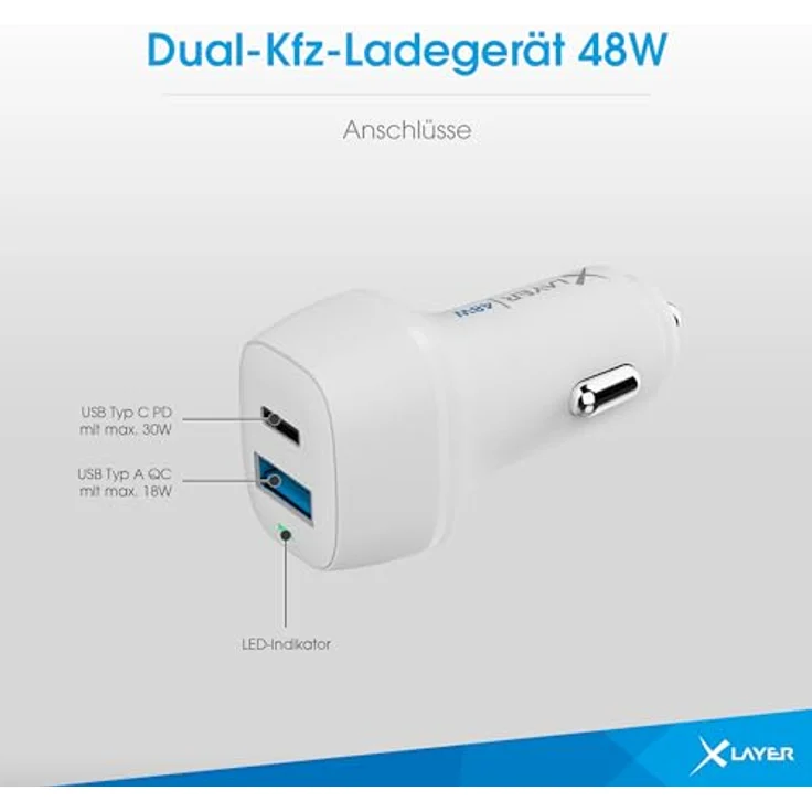 XLayer 48W Zigarettenanzünder USB C & USB Auto Adapter PD 30W & QC 3.0 Super Mini KFZ Ladegerät USBC Schnellladung Kompatibel mit iPhone 15 Pro Max 14 13, Google Pixel, Samsung weiß - Handy-Ladegerät von Xlayer mit USB Power Delivery 3.0 und Dualem Schnellladen – Bild 4