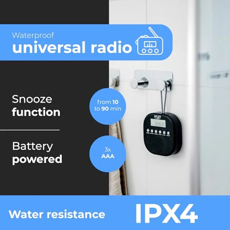 Adler AD 1912 Wasserdichtes Universalradio Batteriebetrieben Radiowecker Snooze Funktion schwarz – Bild 9