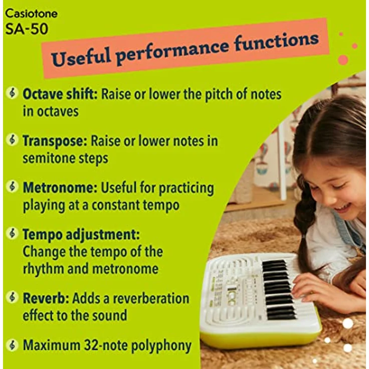 CASIO SA-50 Mini-Keyboard, Midi-Controller mit Hall-Effekt, weiß/limettengrün – Bild 6