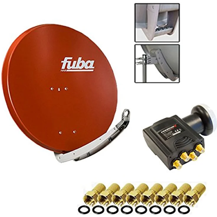 Fuba DAA 850 R Digital Sat Schüssel, Ziegelrot 85x85cm, LNB Quad Premium X, Direktanschluss für 4 Teilnehmer, 8x F-Stecker – Bild 1