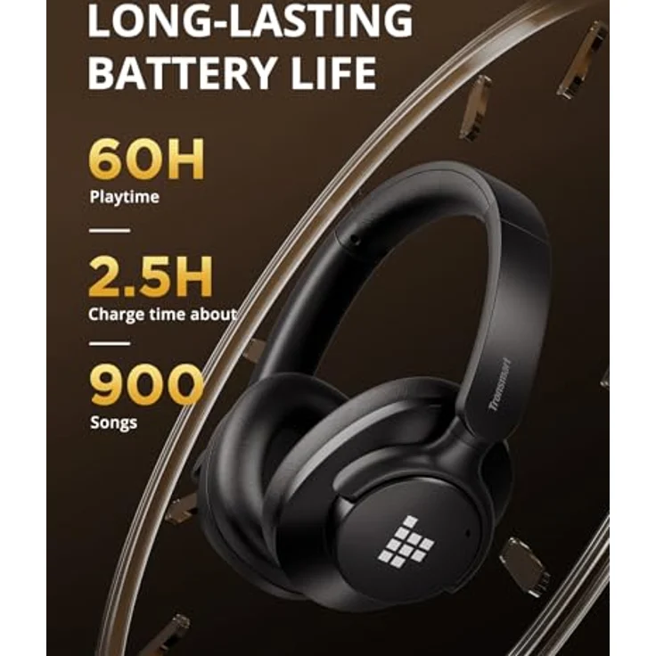Tronsmart Q20S Hybrid Noise Cancelling Kopfhörer Kabellos, Over Ear mit Mikrofon, Hi-Res-Audio, 60 Stunden Wiedergabezeit, Deep Bass, individueller EQ über App, Schwarz, für unterwegs, Homeoffice – Bild 5