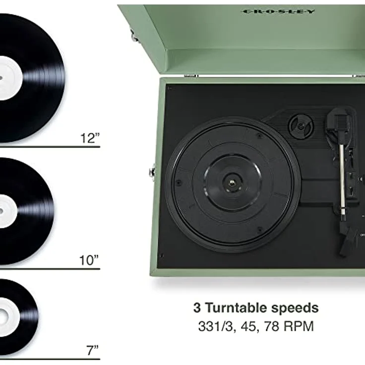Crosley Voyager Plattenspieler mit 2 Lautsprecher, Bluetooth In & Out und AUX - 3 Speed Retro Schallplattenspieler - Für 7", 10" und 12" Vinyl - Tragbar mit Integriertem Koffer - Sage Grün – Bild 2