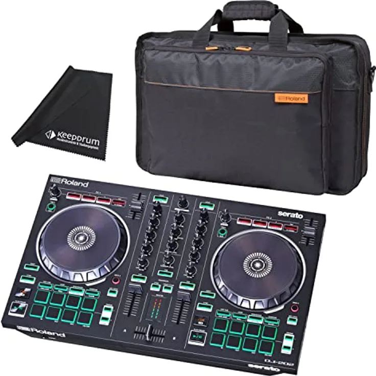 Roland DJ-202 USB-DJ-Controller Mixer + CB-BDJ202 Transport-Tasche + keepdrum Mikrofasertuch