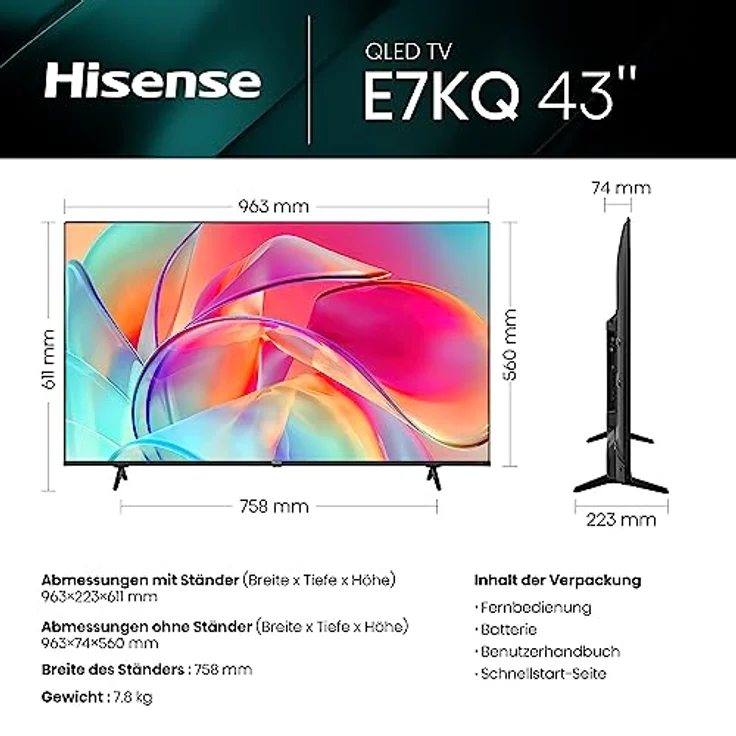 Hisense 43E7KQ QLED Smart TV 108 cm (43 Zoll), 4K, HDR10, HDR10+ decoding, HLG, Dolby Vision, DTS Virtual, 60Hz Panel, Bluetooth, Alexa Built-in, VIDAA Voice – Bild 2