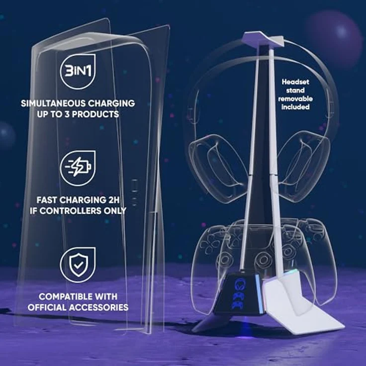 Oniverse X3 Ladegerät für PS5-Controller, Schnellladestation mit abnehmbarer Kopfhörerhalterung, kompatibel mit DualSense, 2 Stunden Ladezeit, LED-Indikatoren – Bild 5