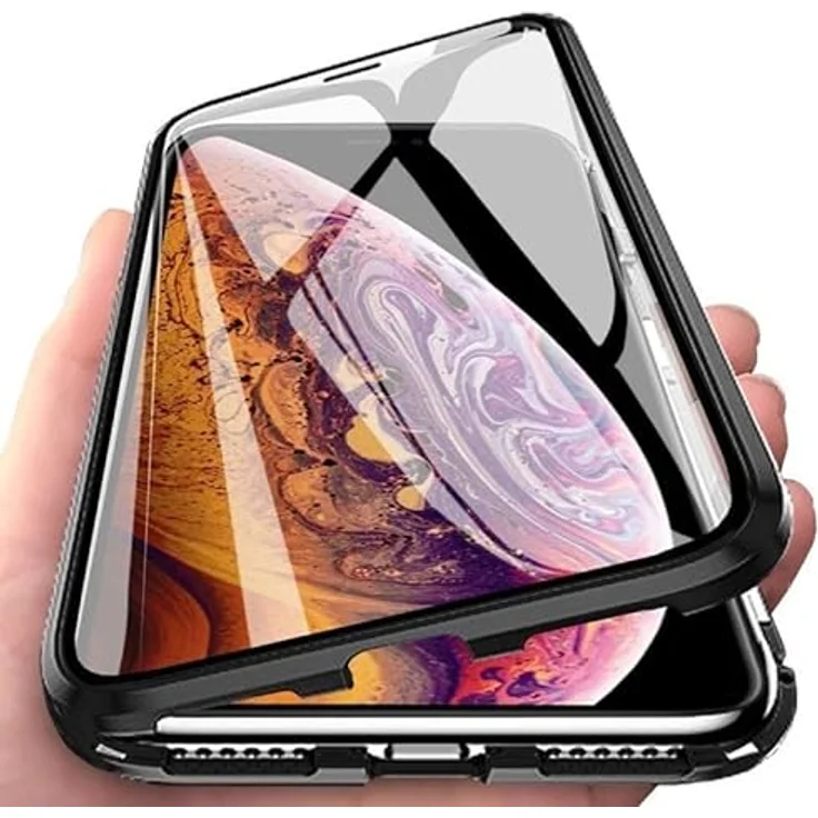 cofi1453 360° Magnet Slim Metall Case mit 9H Panzerglas Schutz, schwarz – Bild 1