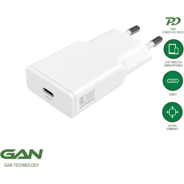 4smarts PDPlug Slim 30W GaN Netzladegerät, schnelles Induktions-Ladegerät in weiß