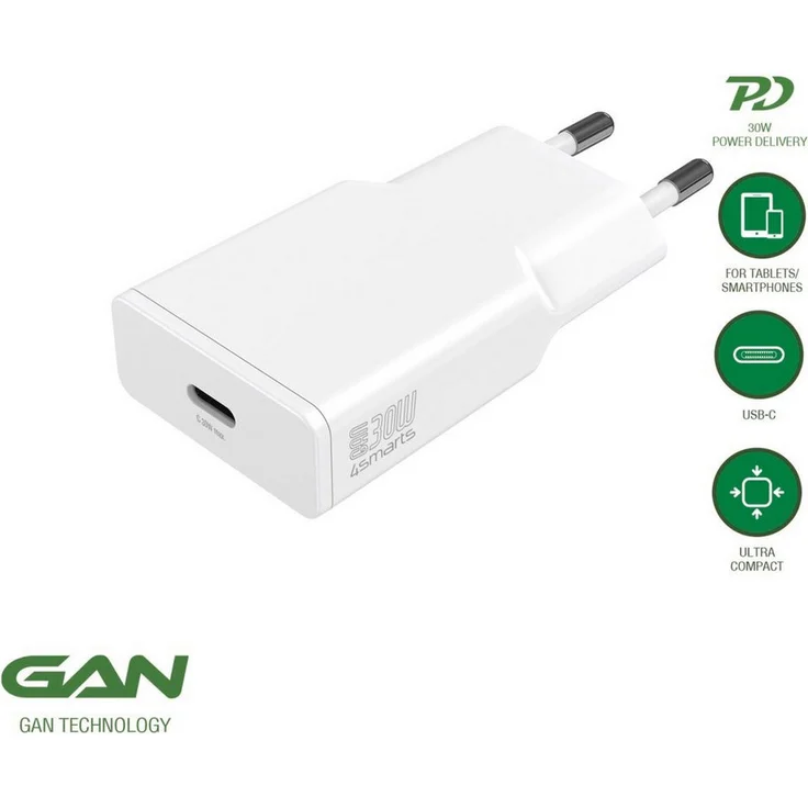 4smarts PDPlug Slim 30W GaN Netzladegerät, schnelles Induktions-Ladegerät in weiß