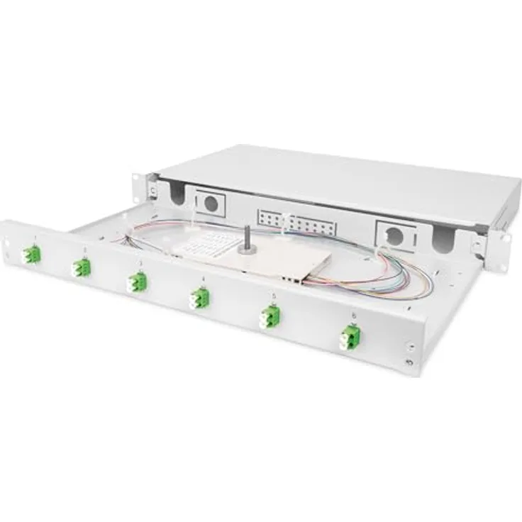 DIGITUS LWL Spleißbox 6 Kupplungen - LC/APC - OS2-1HE 19-Zoll - Single-Mode Duplex - Mit Spleiß-Kassette - Rack-Einbau - Grau