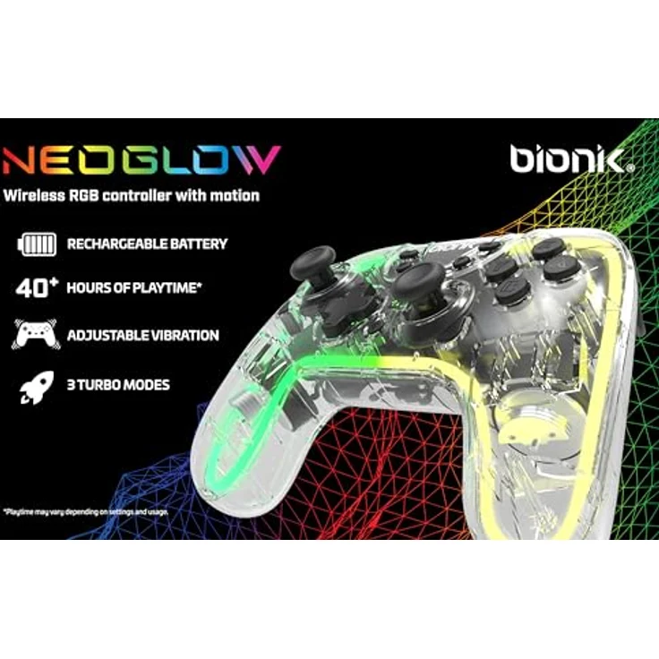 BIONIK Neoglow Switch Wireless Controller Gamepad, kabellos für Android, Nintendo Switch, PC, transparent mit Turbo-Taste – Bild 2