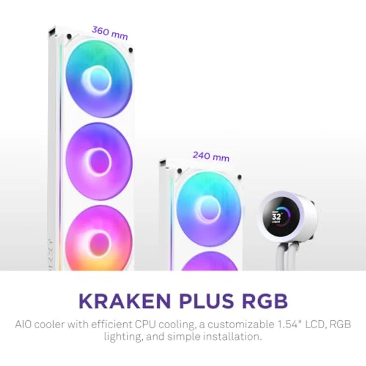 NZXT Kraken Plus 360 RGB, AIO CPU-Flüssigkeitskühler mit 360mm Radiator, 1,54" LCD und RGB Lüfter, Weiß, kompatibel mit AMD AM5/AM4 und Intel LGA 1851/1700, 1200/115X – Bild 2