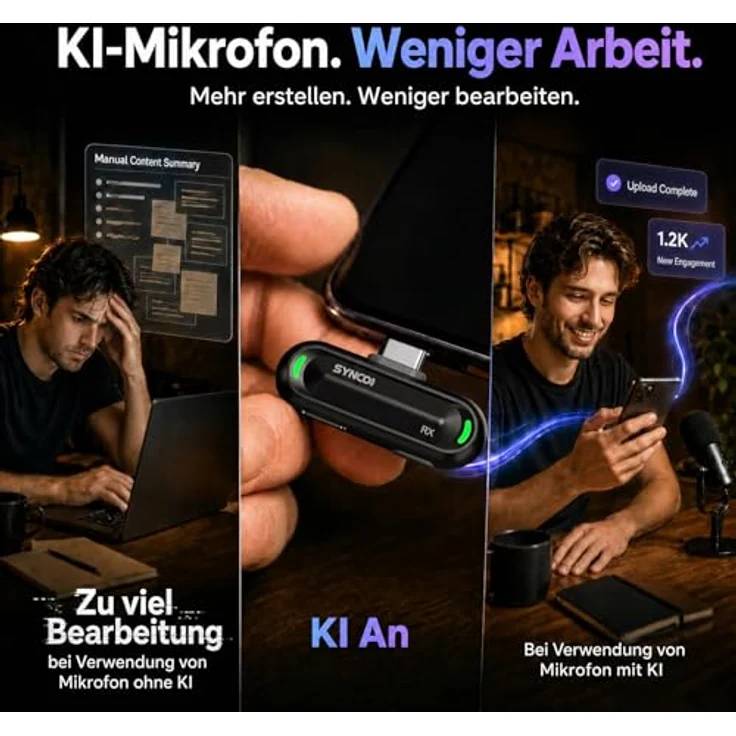 SYNCO SMICT KI Funkmikrofon für Android, Kabelloses Lavalier Mikrofon mit Echtzeit Übersetzung, AI App, Geräuschunterdrückung, USB-C, 2 Sender für Vlog und Streaming – Bild 5