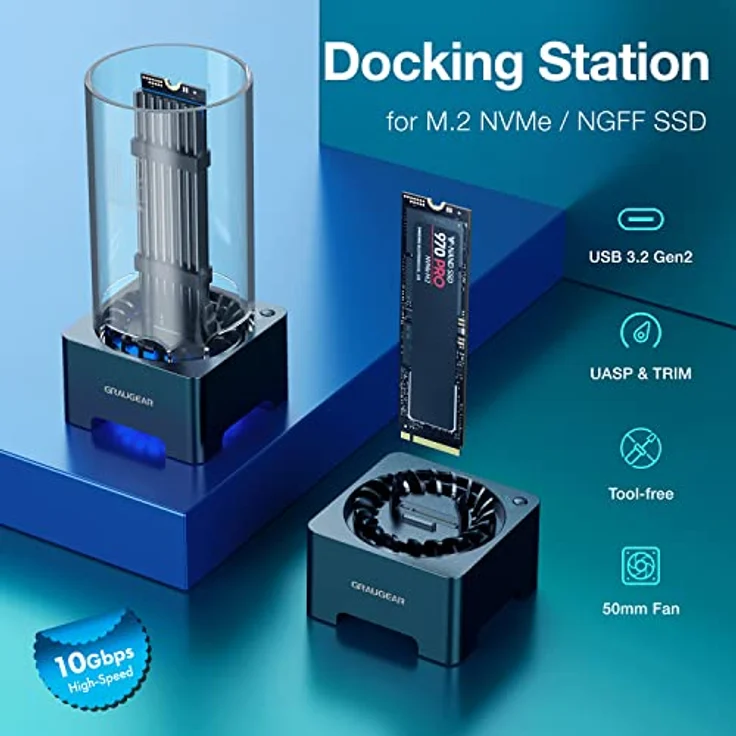 GRAUGEAR | M.2 NVMe SSD und NGFF SSD Docking-Station | RTL9210B für alle M.2 SSD | USB3.2 Gen2 10Gbit/s | 50mm leiser Lüfter | Kühlkörper | werkzeuglos | 2X USB Kabel | G-M2DK-AC-10G – Bild 5