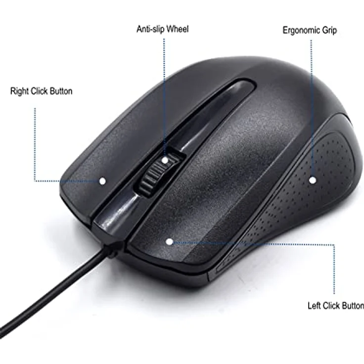 Ewent EW3300 – kabelgebundene optische USB-Maus mit 3 Tasten, 1000 DPI, ergonomisches Design, beidhändig tragbar, PC/Mac/Laptop/Chromebook – Schwarz – Bild 2