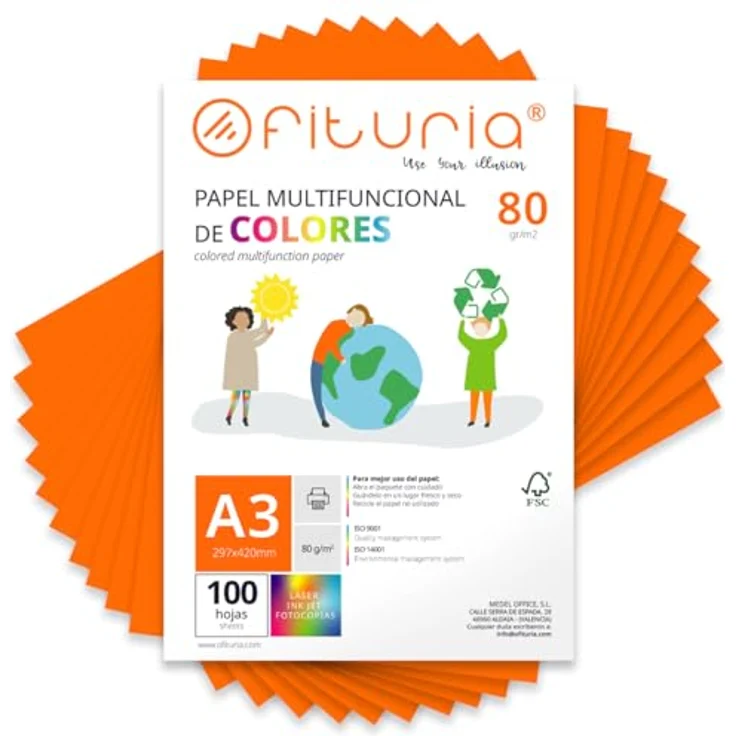 OFITURIA Buntes Papier, 100 Blatt A3 80g – Farbiges Papier für Drucker, Scrapbooking und Bastelarbeiten – Orange – Bild 1