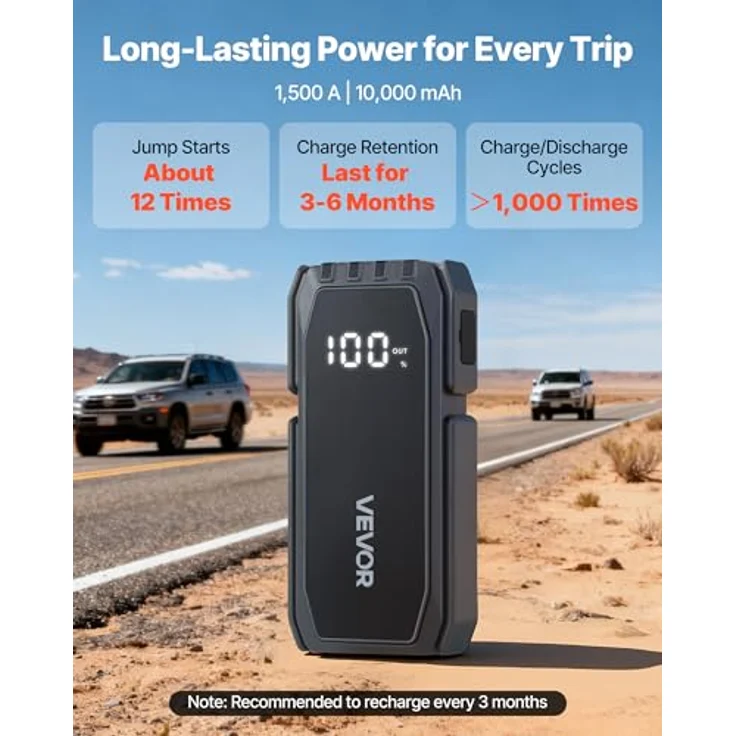 VEVOR Starthilfe Powerbank CP-F78, 1500A Spitzenstrom, LED-Taschenlampe, 10.000 mAh, für 6L Benzin/4L Diesel, tragbarer Booster mit Schnellladung & 12 Sicherheitsschutzfunktionen – Bild 3