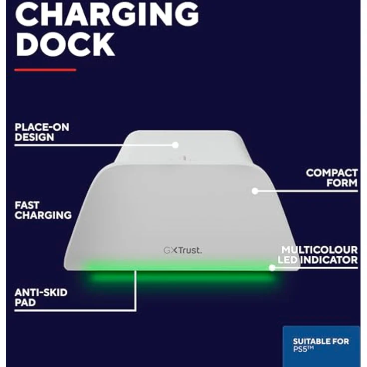 Trust GXT 255W, PS5 Controller Ladestation für DualSense mit Place-on Design, LED-Beleuchtung, Antirutsch-Pad, USB-C-C-Kabel, Weiß – Bild 2