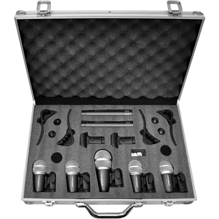 Pyle 7-teiliges Drum Mikrofon Set – Dynamisch & Kondensator, Schwarz/Silber, für Studio und Live mit Koffer, Halterungen und XLR-Anschlüssen – Bild 1