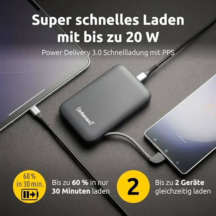Intenso S10000 Lithium Polymer Powerbank mit 10.000 mAh, Grau, schnelle Ladeleistung bis 20 W, integriertes USB-C-Kabel, LCD-Anzeige – Bild 3