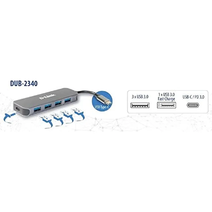 D-Link DUB-2340 - Hub - 4 x SuperSpeed USB3.0 + 1 x USB-C (Spannungsversorgung) - Desktop (DUB-2340) – Bild 4