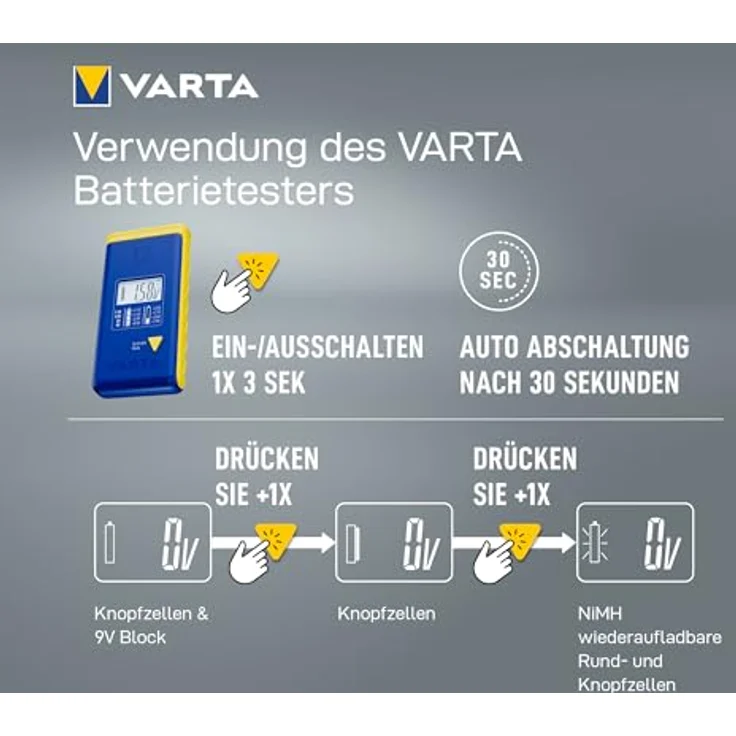 Varta LCD Battery Tester, geeignet für 9V, AA, AAA, C, D, Alkali, Lithium-Ion (Li-Ion), Nickel-Metallhydrid (NiMH), blau und gelb – Bild 6